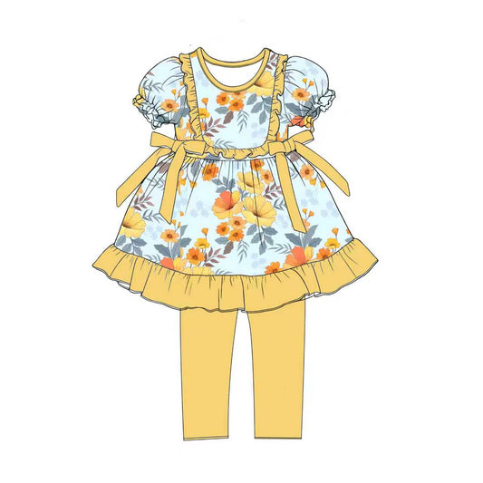 Preorder (moq 5)Baby Girls Yellow Flowers Bows Tunic Legging Pants Clothes Sets