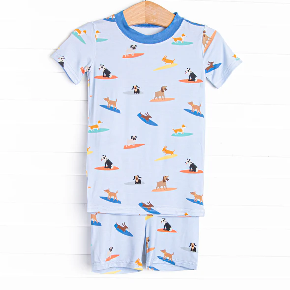 Preorder moq 5 Baby Boys Blue Short Sleeves Dogs Skiing Top Short Pajamas Set