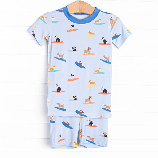 Preorder moq 5 Baby Boys Blue Short Sleeves Dogs Skiing Top Short Pajamas Set