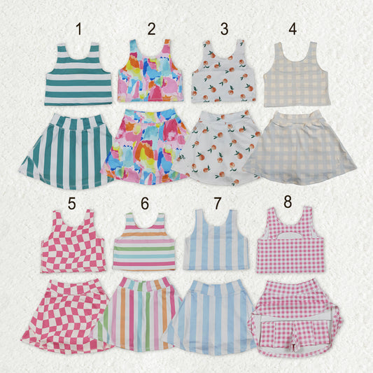 Sibling Baby Girls Sleeveless Stripe Checked Leopard Vest Top Yoga Athletic Skorts Sets