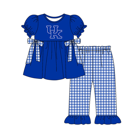 Preorder (moq 5)Baby Girls Short Sleeve Blue UK Tunic Checked Ruffle Pants Team Set
