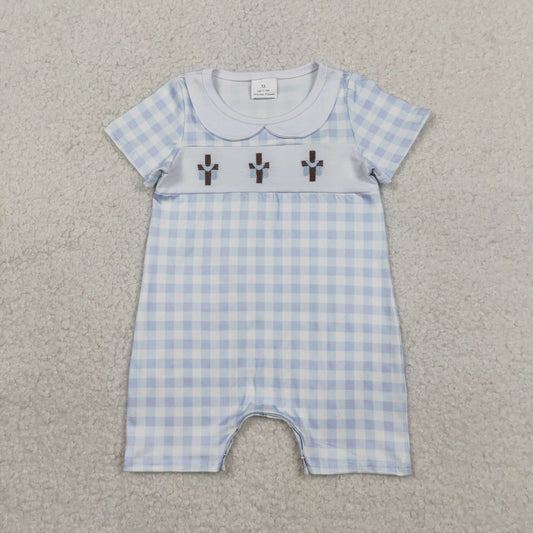Embroidery Crosses Baby Boys Blue Checked Easter Collar Rompers