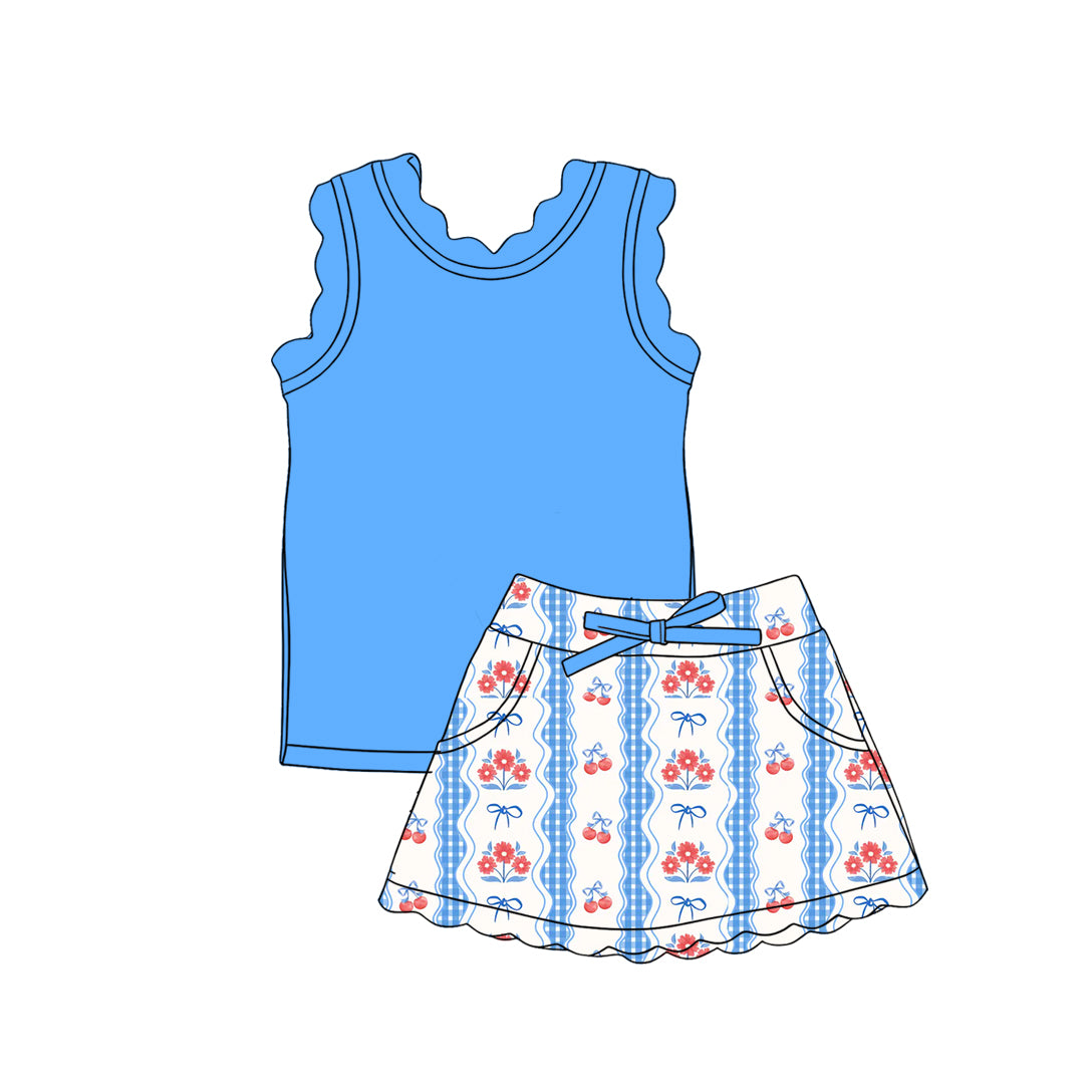Preorder (moq 5)Baby Girls Blue Vests Bow Flowers Stripe Scallop Pockets Skirt Shorts 4th of July Sets