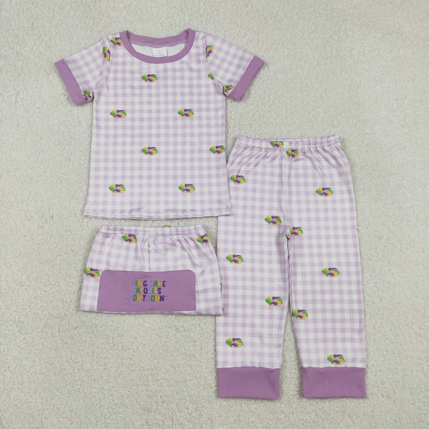 Embroidery King Cake Baby Boys Mardigras Donuts Checked Pants Pajamas Sets