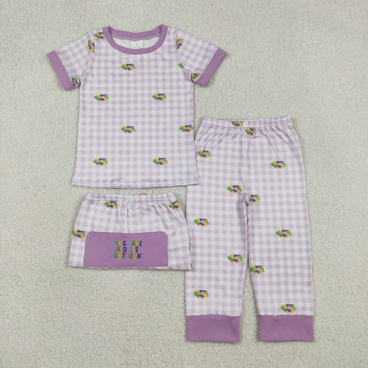 Embroidery King Cake Baby Boys Mardigras Donuts Checked Pants Pajamas Sets
