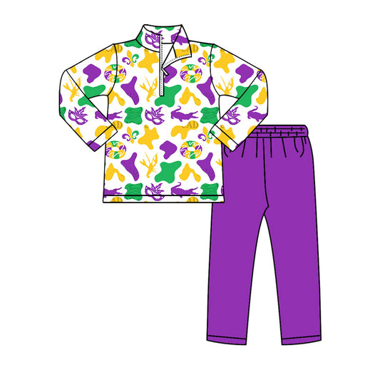 Preorder(moq 8)Baby Boys Mardigras Camo Crocodiles Zip Pullover Top Leggings Pant Clothes Sets