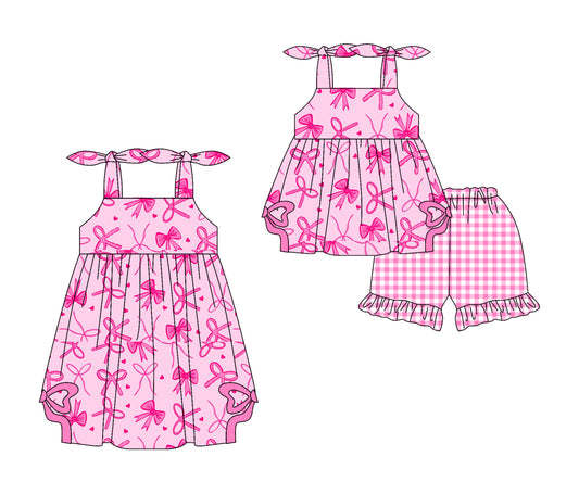 Preorder moq 5 Custom Baby Girls Pink Strap Bows Tunic Ruffle Plaid Short Set Knee Length Dresses