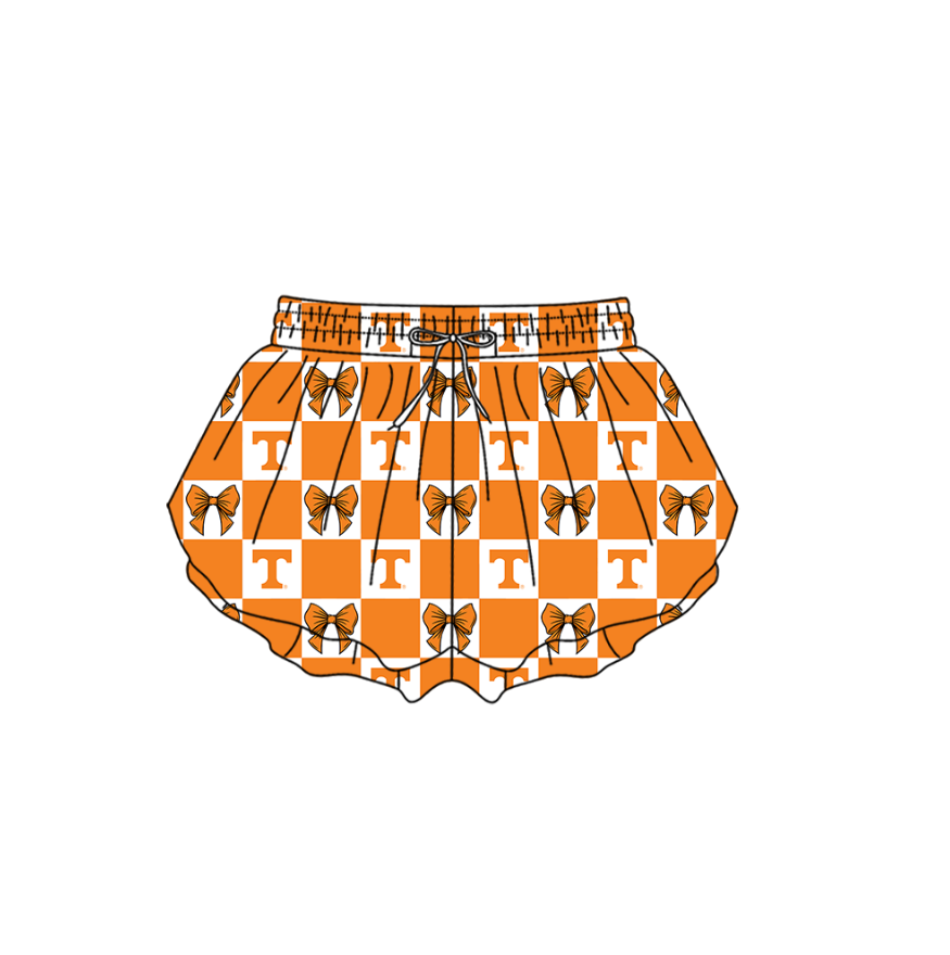 Preorder (moq 5)Baby Girls Orange T Bows Checked Team Ruffle Shorts Bottom