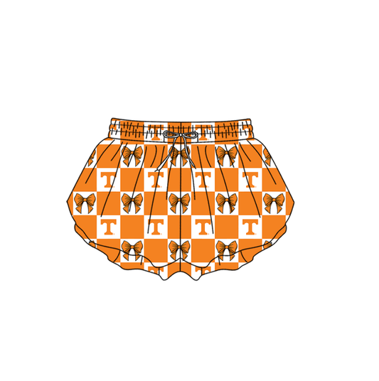 Preorder (moq 5)Baby Girls Orange T Bows Checked Team Ruffle Shorts Bottom