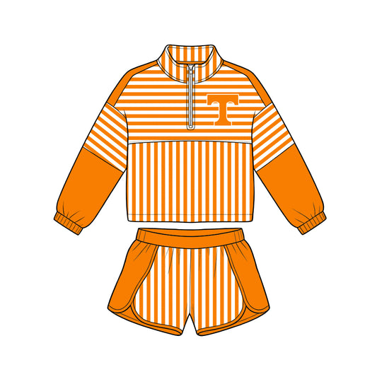 Preorder (moq 5)Baby Girls Orange Stripe Tennessee Zip Pullovers Short Team Clothes Set