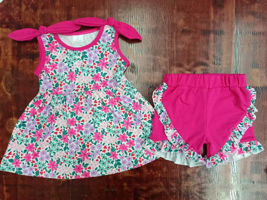 Preorder moq 5 Baby Girls Pink Strap Floral Tunic Ruffle Short Set