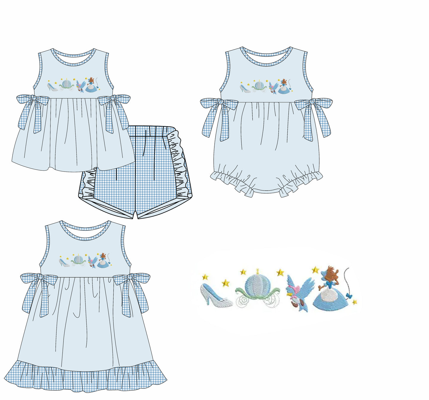 Preorder moq 5 Custom Baby Girls Blue Sleeveless Princess Birds Tunic Plaid Ruffle Short Set Knee Length Dress Rompers