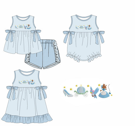 Preorder moq 5 Custom Baby Girls Blue Sleeveless Princess Birds Tunic Plaid Ruffle Short Set Knee Length Dress Rompers