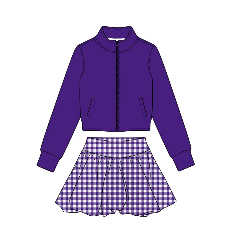 Preorder (moq 5) Baby Girl Clothes Solid Purple Plain Print Long Sleeve Zip Jacket Gingham Skirt Yoga Outfit Set