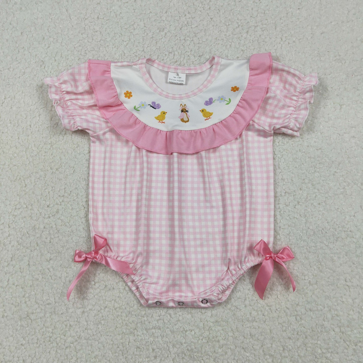 Baby Girls Pink Checked Rabbits Chicks Easter Ruffle Rompers