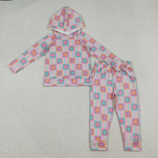 Baby Girls Flowers Checked Hoodies Pockets Legging Pants Clothes Sets