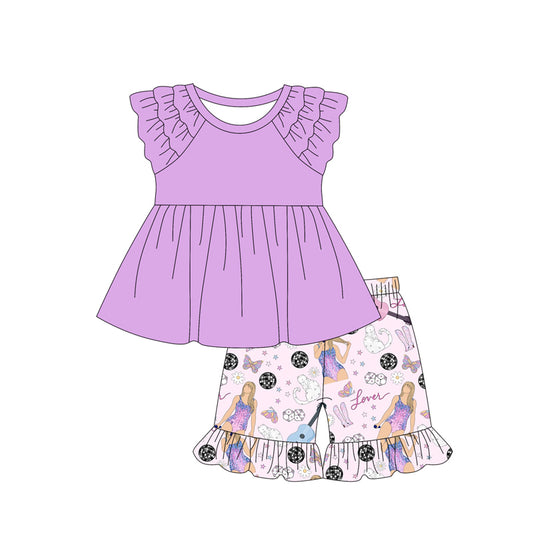 Preorder (moq 5)Baby Girls Lavender Singer Tunic Shorts Clothes Sets