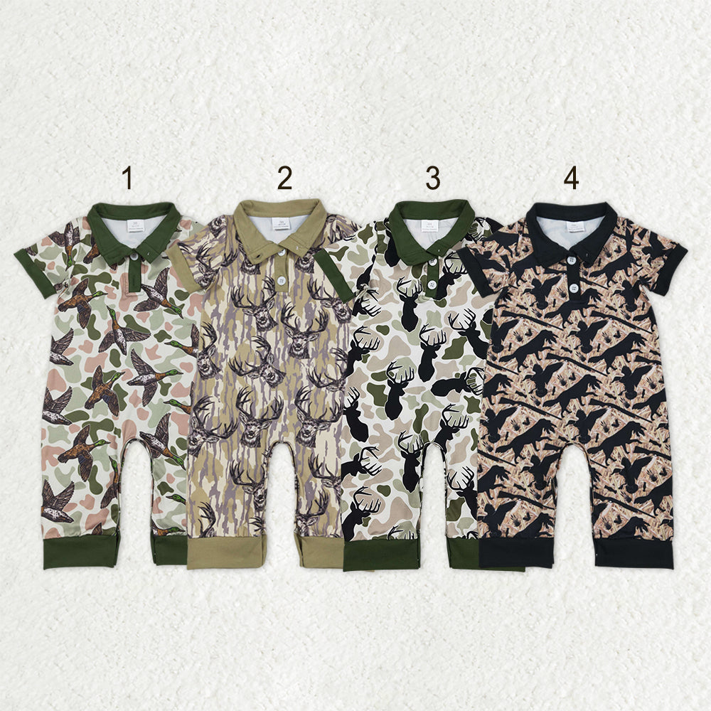 Sibling Baby Boys Short Sleeve Southern Hunting Duck Dogs Deer Camo Button Rompers
