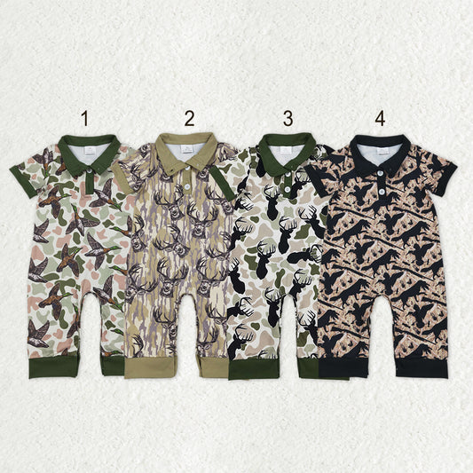 Sibling Baby Boys Short Sleeve Southern Hunting Duck Dogs Deer Camo Button Rompers