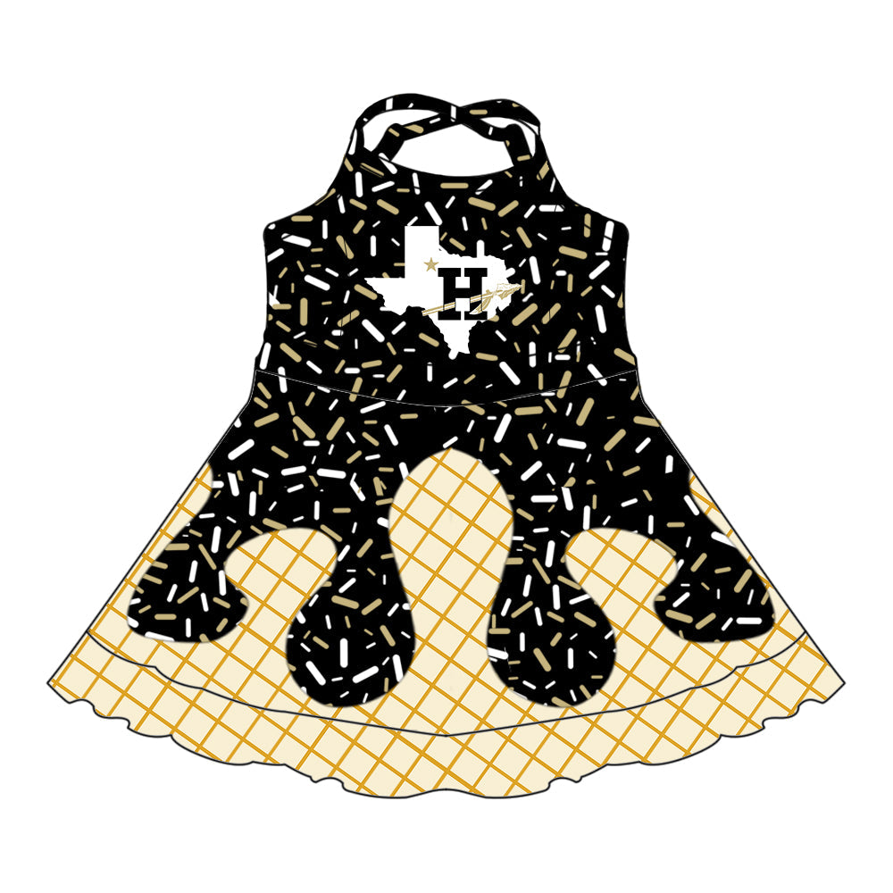 Preorder (moq 5)Baby Girls Black Drip Sprinkles Howe ISD Team Shorts Ruffle Knee Length Dress