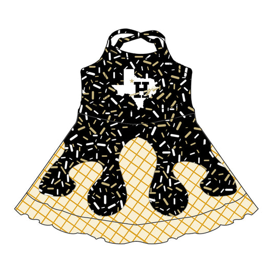 Preorder (moq 5)Baby Girls Black Drip Sprinkles Howe ISD Team Shorts Ruffle Knee Length Dress