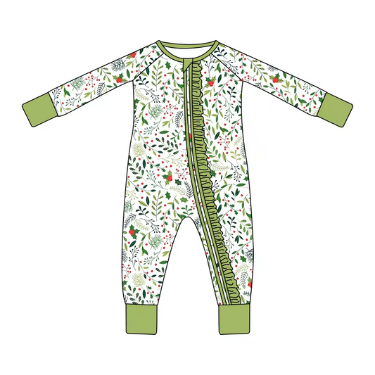 Baby Infant Girls Ruffle Green Leaves Long Sleeve Zip Rompers preorder(moq 5)