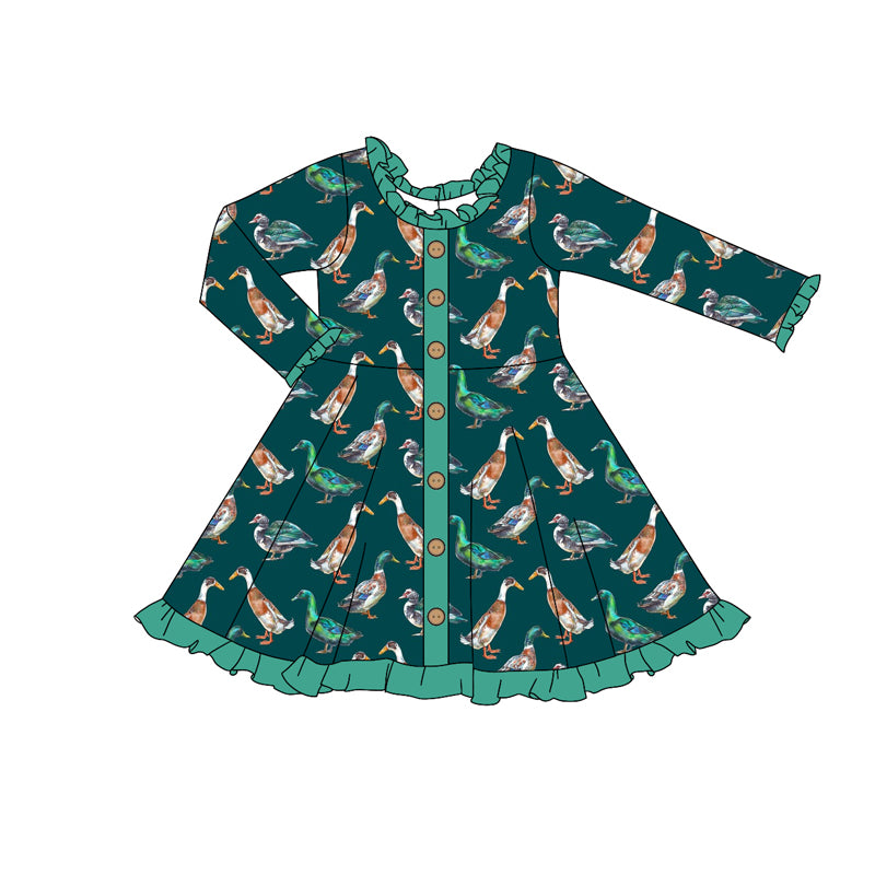 Baby Girls Ducks Hunting Green Buttons Knee Length Dresses preorder(MOQ 5)