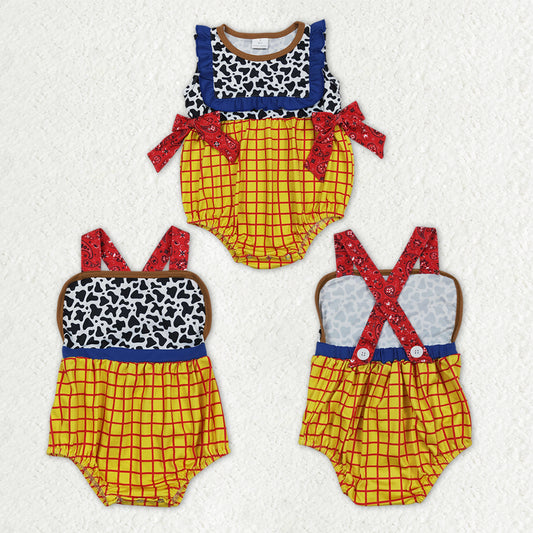 Sibling Baby Kids Cow Print Yellow Checked Cartoon Rompers