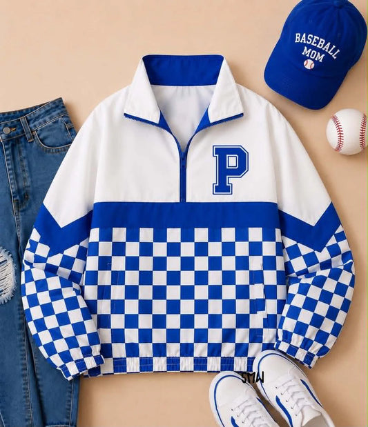 Preorder (moq 5)Baby Boys Long Sleeve Blue Checked P Team Zip Pullovers Tops