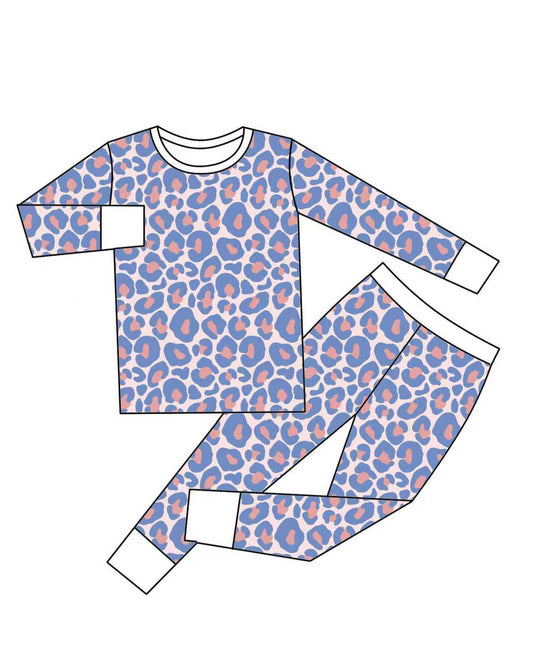 Preorder (moq 5)Baby Girls Blue Pink Leopard Top Pants Pajamas Sets