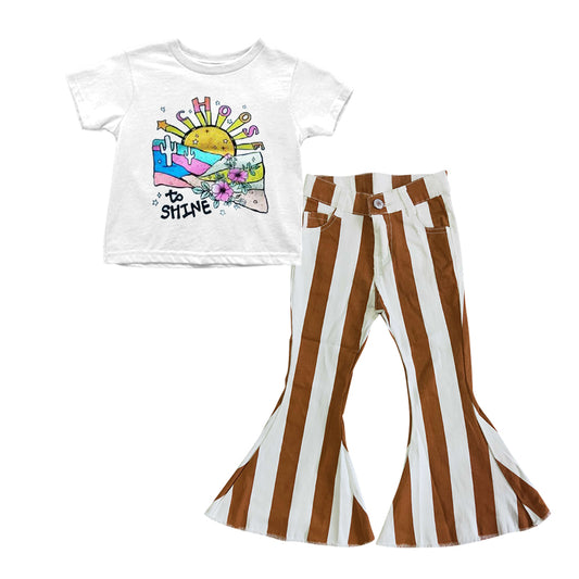 Baby Girls Choose To Shine Tee Shirts Tops Brown Stripes denim pants sets preorder(moq 5)