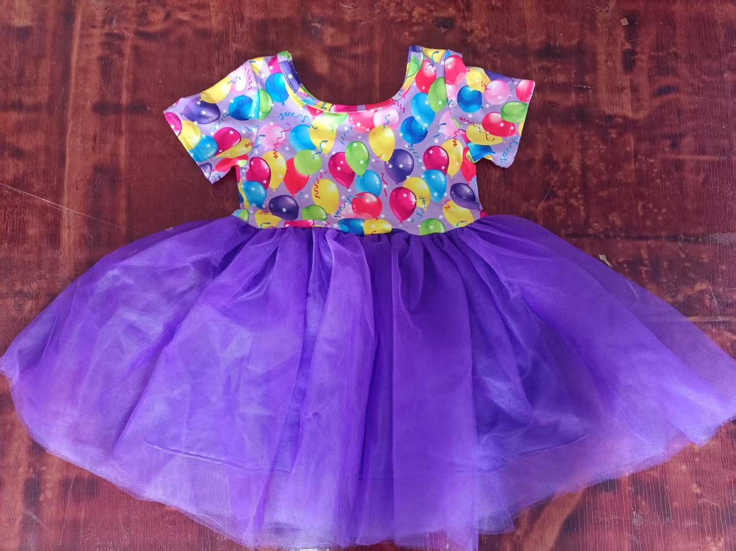 Preorder moq 5 Baby Girls Short Sleeves Colorful Balloons Purple Tulle Knee Length Dress