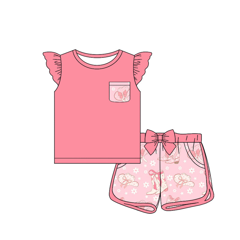 Preorder (moq 5)Baby Girls Western Pink Pocket Shirt Top Boots Bow Shorts Outfits