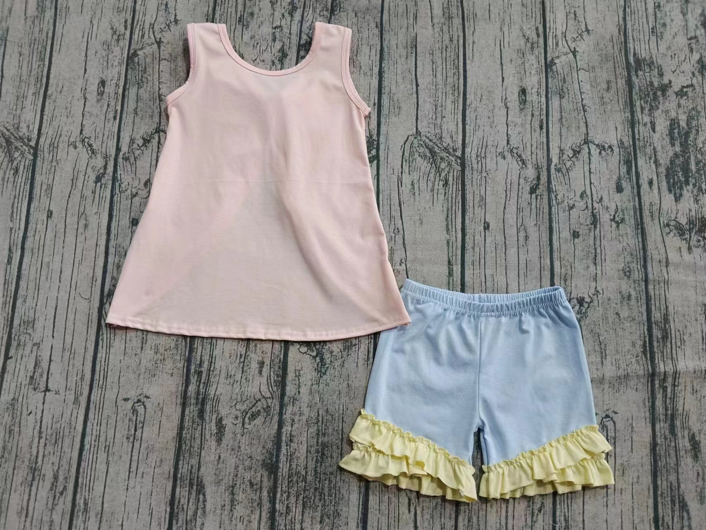 Preorder (moq 5)Baby Girls Light Pink Sleeveless Bow Shirt Top Ruffle Shorts Set