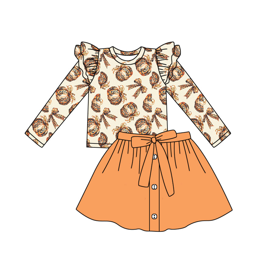 Baby Girls Pumpkin Leopard Shirt Bow Skirt Clothes Sets Preorder(moq 5)