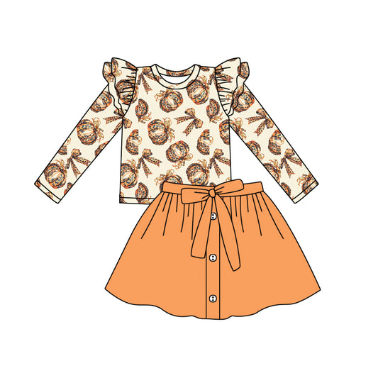 Baby Girls Pumpkin Leopard Shirt Bow Skirt Clothes Sets Preorder(moq 5)