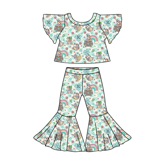 Preorder (moq 5)Baby Girls Easter Rabbits Top Bell Bottom Pants Clothes Sets