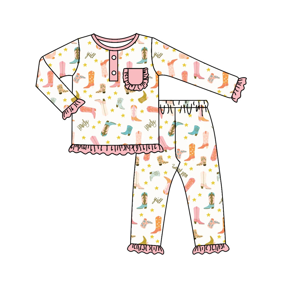 Baby Girls Howdy Boots Shirt Pants Bamboo Pajamas Clothes Sets Preorder(moq 5)