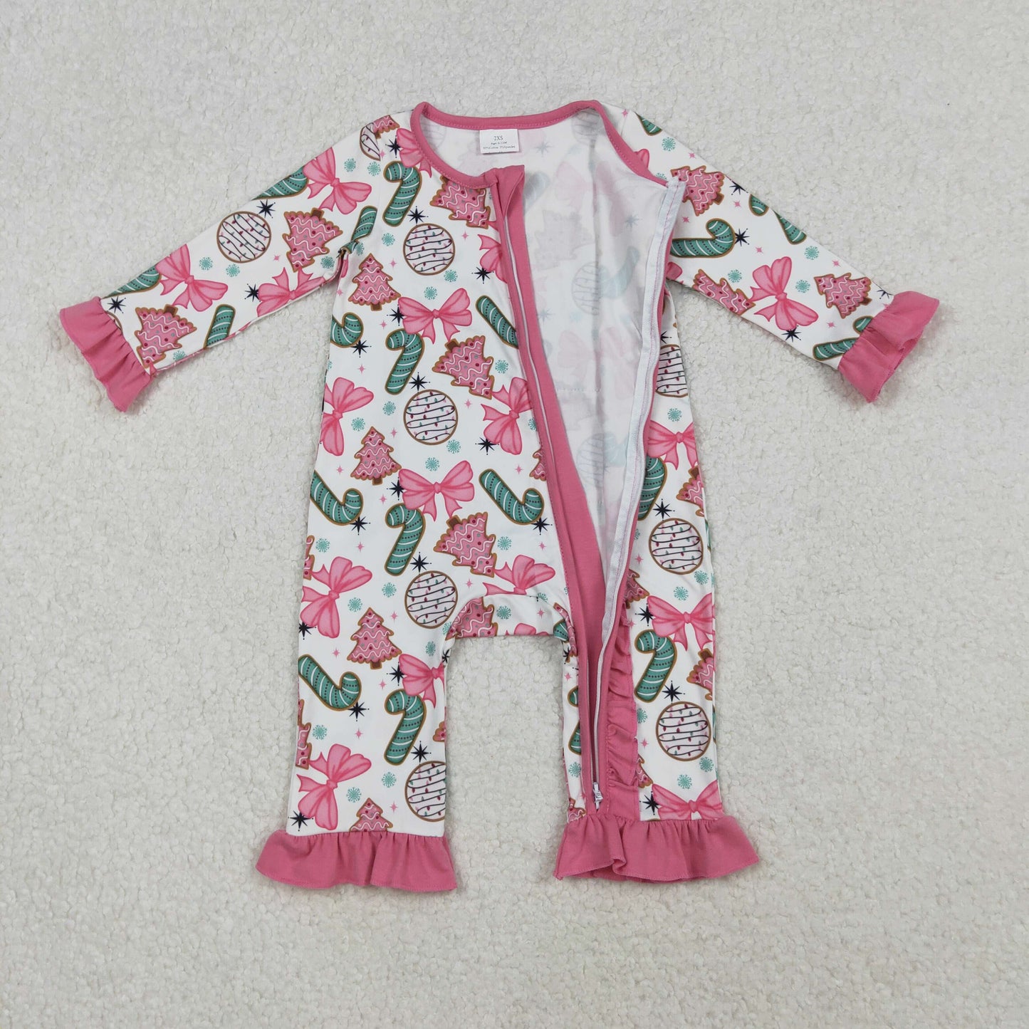 Baby Girls Candy Cane Trees Christmas Ruffle Zipper Footie Rompers