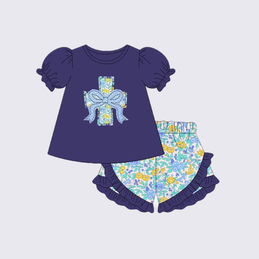 Baby Girls Easter Cross Floral Tunic Ruffle Shorts Clothes Sets Preorder