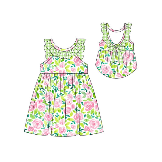 Baby Girls Green Rose Flowers Back Bow Knee Length Dresses preorder (moq 5)