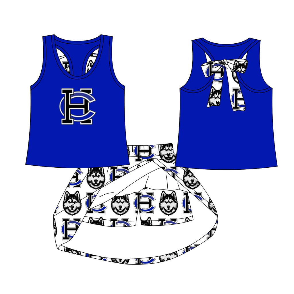 Preorder (moq 5)Baby Girls Blue HC bow vest team Top Skirt Skort Sets