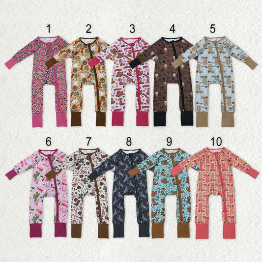 Sibling Baby Kids Hats Boots Horses Cows Western Two Way Zip Convertible Rompers