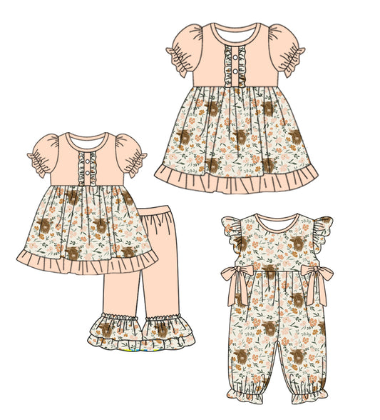 Preorder moq 5 Custom Baby Girls Peach Short Ruffle Sleeves Button Floral Highland Cows Tunic Ruffle Pant Set Knee Length Dress Rompers