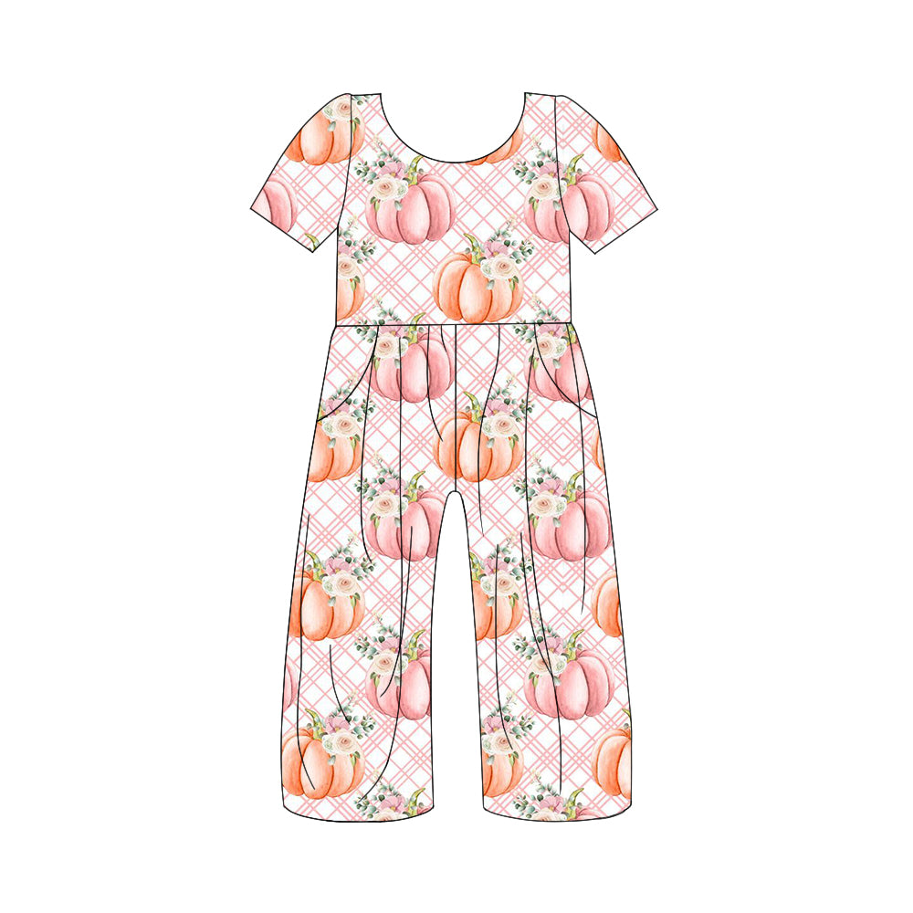 Baby Girls Pink Pumpkin Checkered Short Sleeve Sunflower Jumpsuits preorder(moq 5)