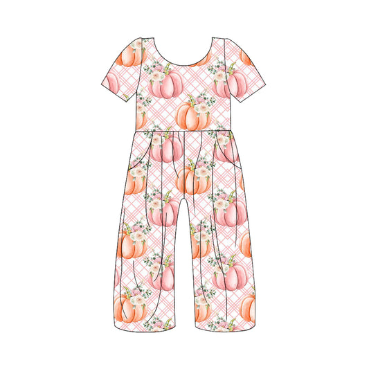 Baby Girls Pink Pumpkin Checkered Short Sleeve Sunflower Jumpsuits preorder(moq 5)