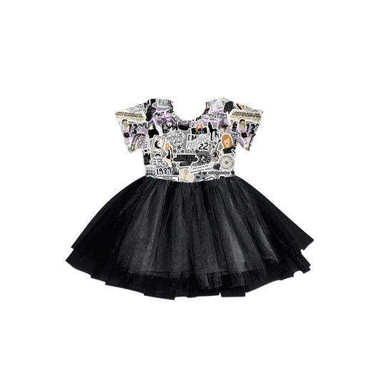 Baby Girls Black Singer Summer Short Sleeve Tutu Knee Length Dresses Preorder(moq 5)