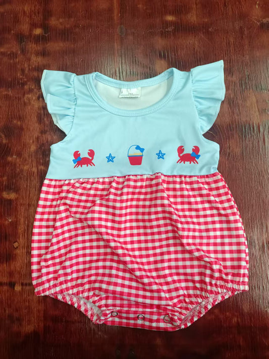 Preorder moq 5 Baby Girls Blue Flutter Sleeves Red Plaid Crabs Beach Ruffle Rompers