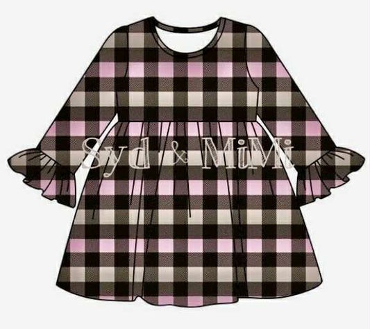 Preorder (moq 5)Baby Girls Pink Black Checked Knee Length Dresses