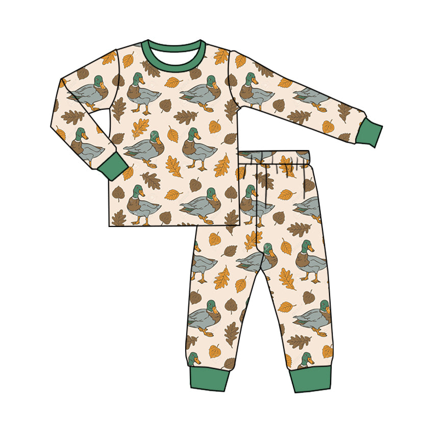 Baby Boys Fall Mallard Ducks Leaves Top Pants Pajamas Clothes Sets preorder(MOQ 5)